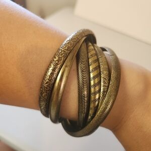 Vintage Brass Interlocking Bangles Bracelet Set 1970s Boho Bohemian Festival